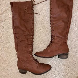 Over the knee lace up boots in brown